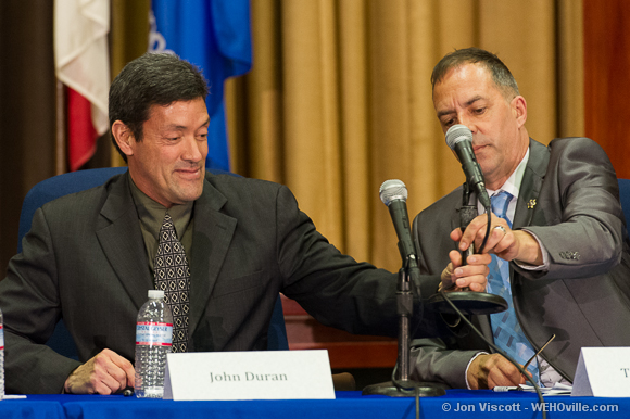 John Duran and Tom DeMille at the council debate