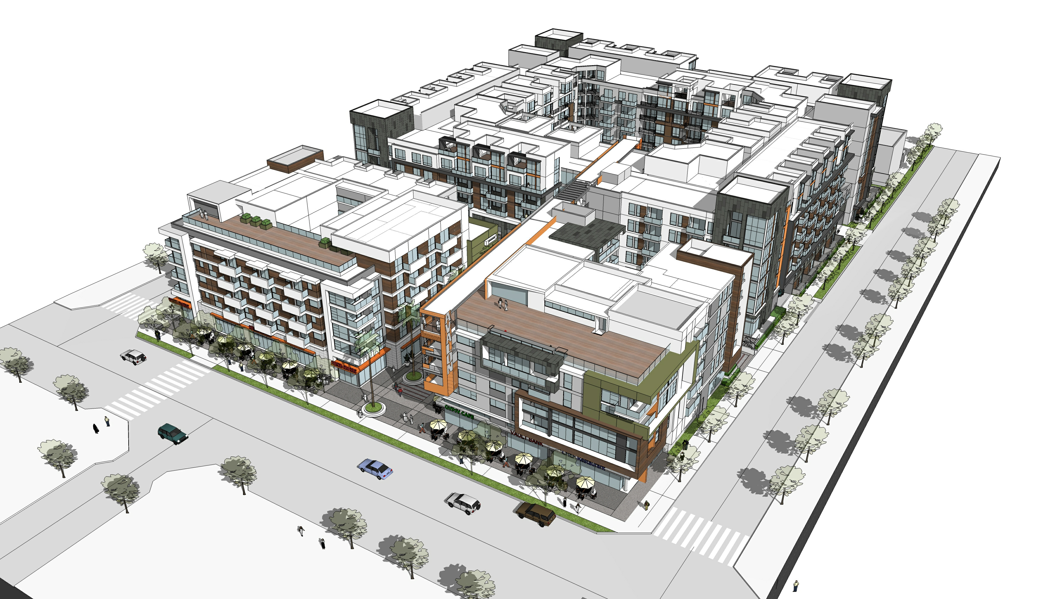 Illustration of proposed Movietown Plaza development facing Santa Monica Boulevard at Fuller. (Architect MVE & Partners, Irvine)