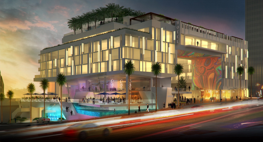 An illustration of the proposed 8950 Sunset Blvd. hotel near Hammond, viewed from Sunset Boulevard looking west. (Three: Living Architecture)