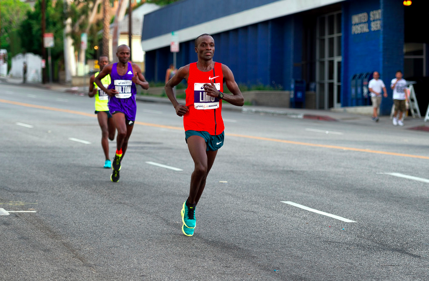 Marathon winner Daniel Limo of Kenya running through WeHo. (Photo: Jon Viscott)