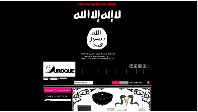 A purported ISIS image placed by a hacker on the home page of Duroque's website.