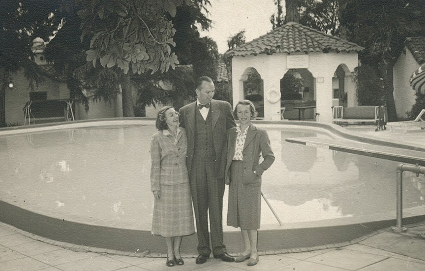 Emily Woodruff, left, and Nazimova's former lover Glesca Marshall, right, and her son, Jamie Marshall, at the pool in a photograph taken at the Garden of Allah Hotel in the late 1940s. (Courtesy of MaryEllen Marshall)