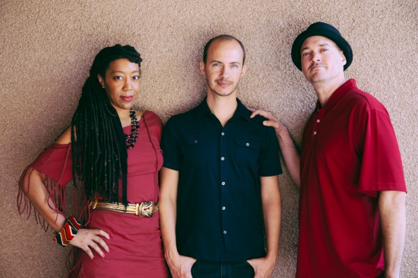 WeHo's National Poetry Month participants. From left to right, Teka Lark Fleming, Steven Reigns, Mike Sonksen