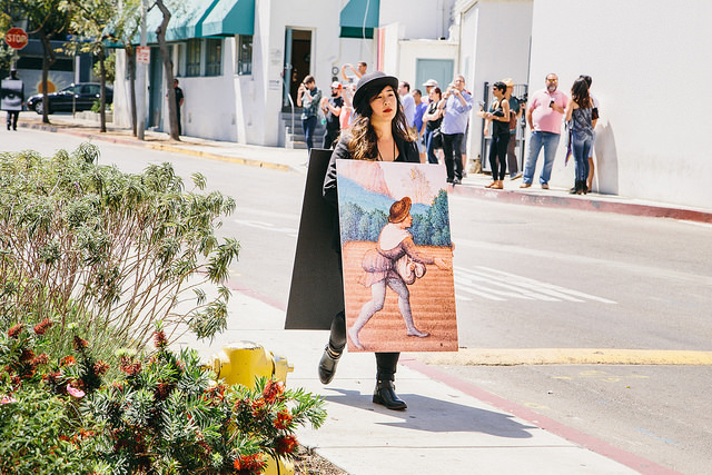 "100 Walkers. West Hollywood," a performance art piece by Richard Kraft, outside the Pacific Design Center. (Photos by Tony Coelho, courtesy of the City of West Hollywood)