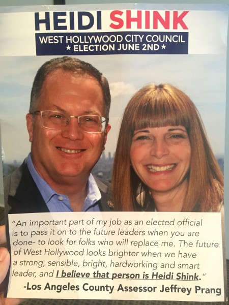 A recent Heidi Shink mailer for the June 2 election, with a quote from Jeffrey Prang in March.