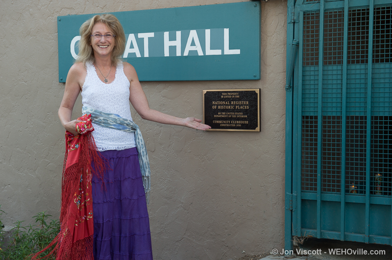 City Councilmember Lauren Meister and the plaque citing Great Hall / Long Hall's place on the U.S. Register of Historic Places. (Photo by Jon Viscott)