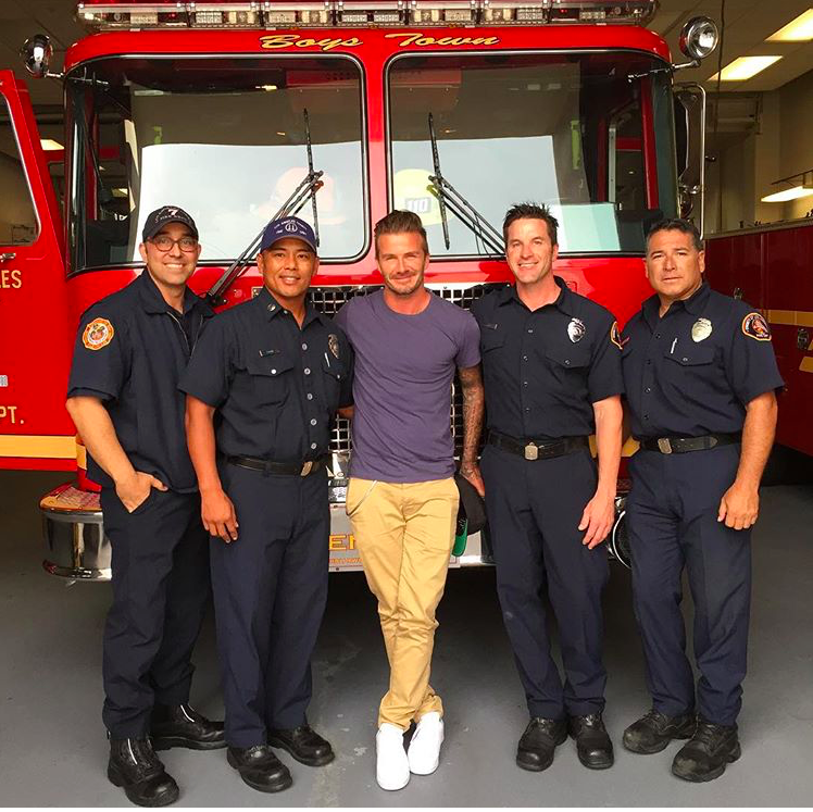 David Beckham with firefighters at West Hollywood Station 7.