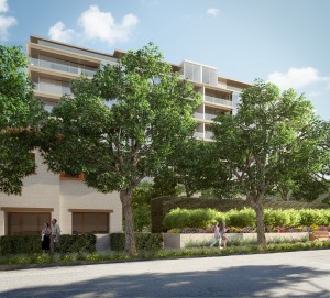 Architect's rendering of the north side, facing Rosemont, of the proposed 8899 Beverly project. 