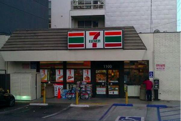 The 7-Eleven convenience store on the corner of Holloway Drive and La Cienega Boulevard.