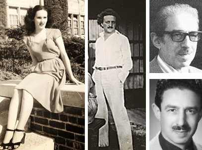 Left: One of the last known photos of Elizabeth Short, aka the Black Dahlia, taken i in 1946. Center: Rudolph Schindler. Right: Photos of George Hodel, a physician who was the prime suspect in Short’s murder. 
