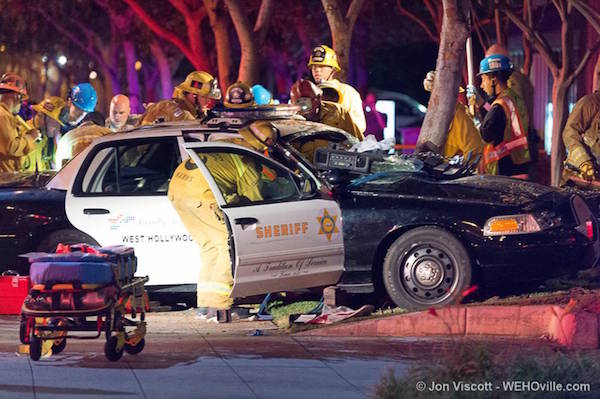 Sheriff's Department patrol car crashed in front of MTA depot on Santa Monica Boulevard. (Photo by Jon Viscott)