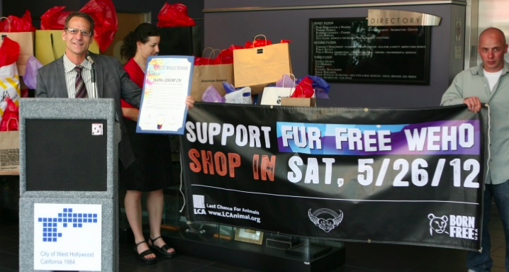Council member John D’Amico speaks at the city’s Fur Free Weho Shop In press conference May 24, 2013. In a 1990 resolution, West Hollywood declared itself to be a “cruelty-free zone” for animals. A ban on fur was adopted in in 2011, took effect in 2013, survived a court challenge in 2014 and was amended in 2015. (City of West Hollywood photo by Brett White)