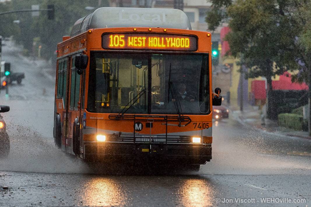 Metro bus 105 splashes its way through WeHo. (Photo by Jon Viscott)