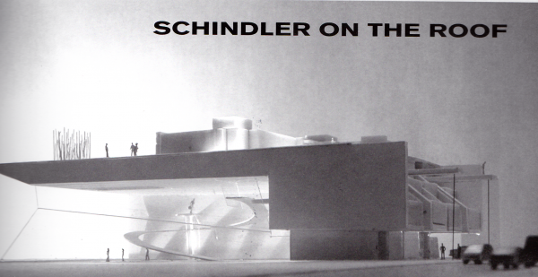 This concept suggested raising the Schindler House on a platform above the rooflines of neighboring buildings in order to preserve its integrity. (Image credit: Coop Himmelb(lau), as published in “Architectural Resistance: Contemporary Architects Face Schindler Today,” 2003y)