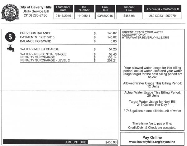 The Beverly Hills water bill recently received by a West Hollywood resident.