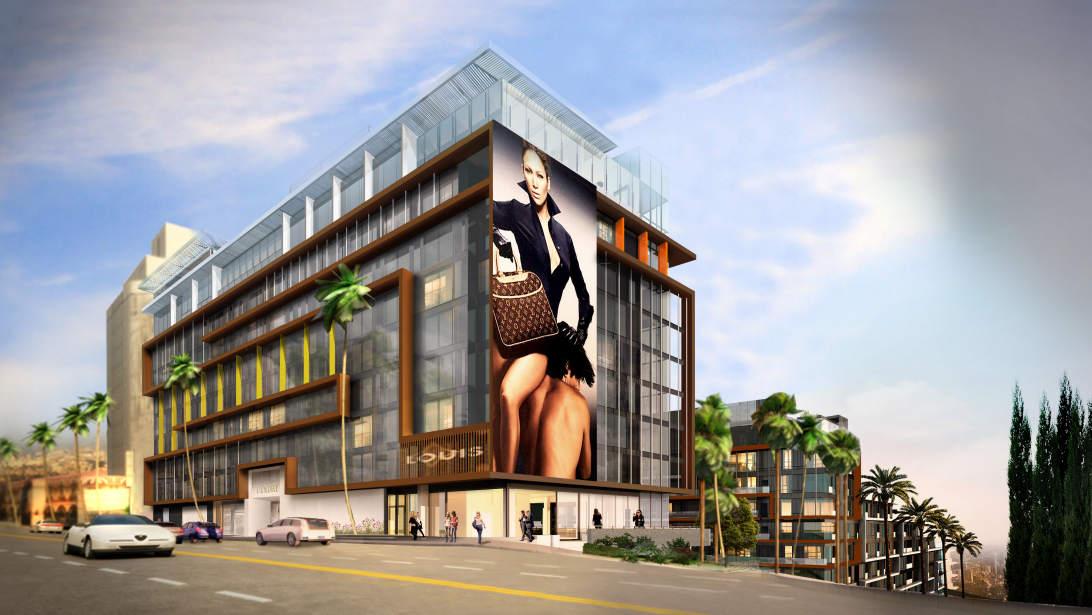 The Sunset Time's Pendry Hotel on the southeast corner of Sunset Boulevard and Olive Drive (Illustration by Erhlich Architects).