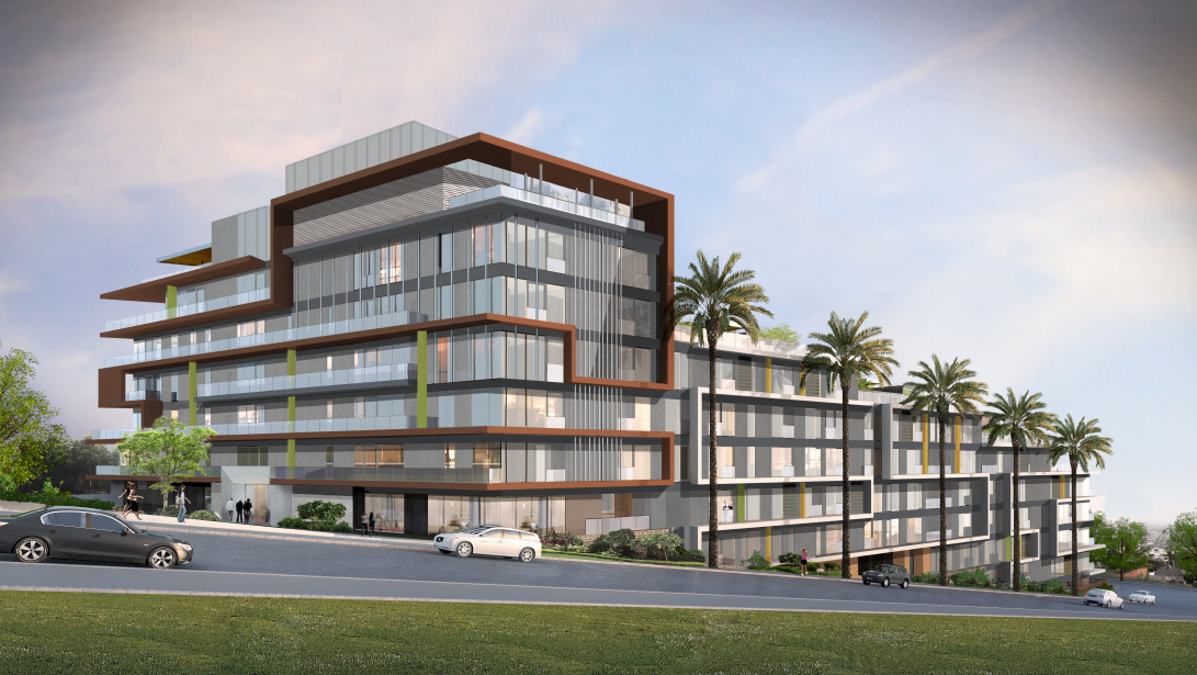 Illustration of the Sunset Time condominium building as viewed from Olive Drive extending down to Fountain Avenue. (Illustration by Erlich Architects)