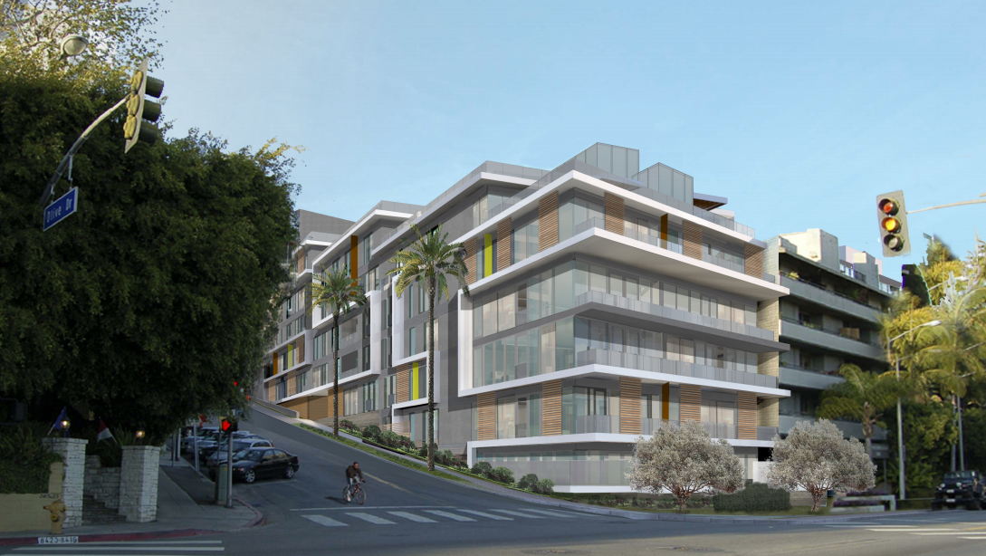 Illustration of the Sunset Time condominium building looking northeast from the intersection of Olive and Sunset. (Illustration by Erlich Architects)