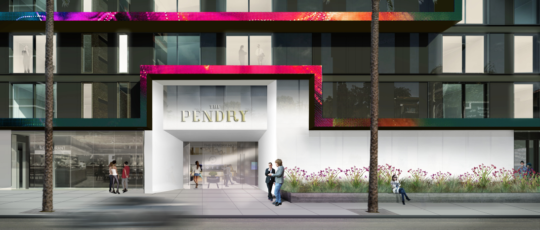 Illustration of the entrance to the Pendry hotel on Sunset Boulevard. (Illustration by Erlich Architects).