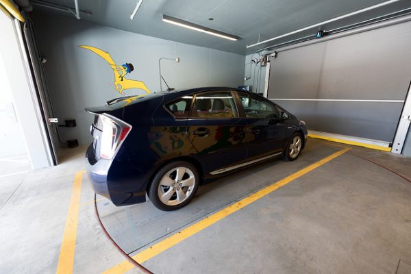 A car in the automated parking garage elevator