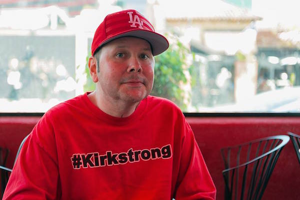 Kirk Doffing at KirkStrong rally at West Hollywood Park. (Photo by Jon Viscott)