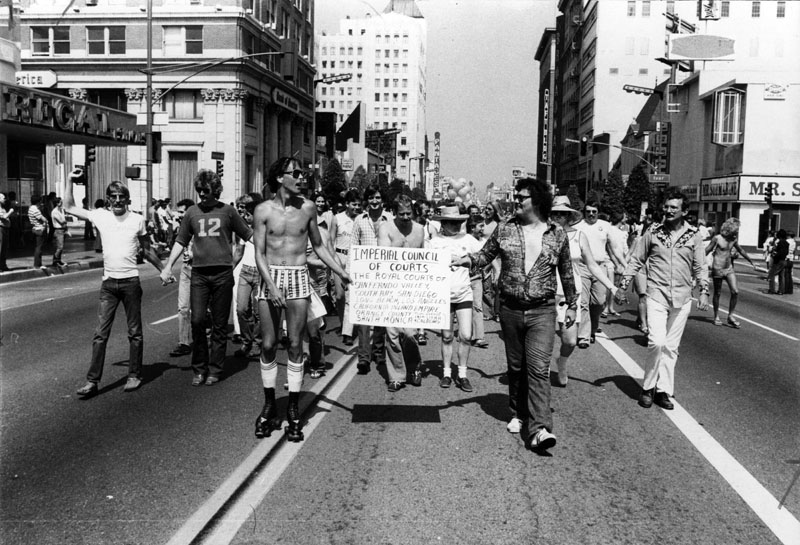 Supporters of gay rights march down Hollywood Blvd. in the annual Gay Pride Week parade. An estimated 12,000 persons watched the 1977 parade. (Photo by Lawrence Downing, Herald Examiner Collection, courtesy of the Los Angeles Public Library Collection)