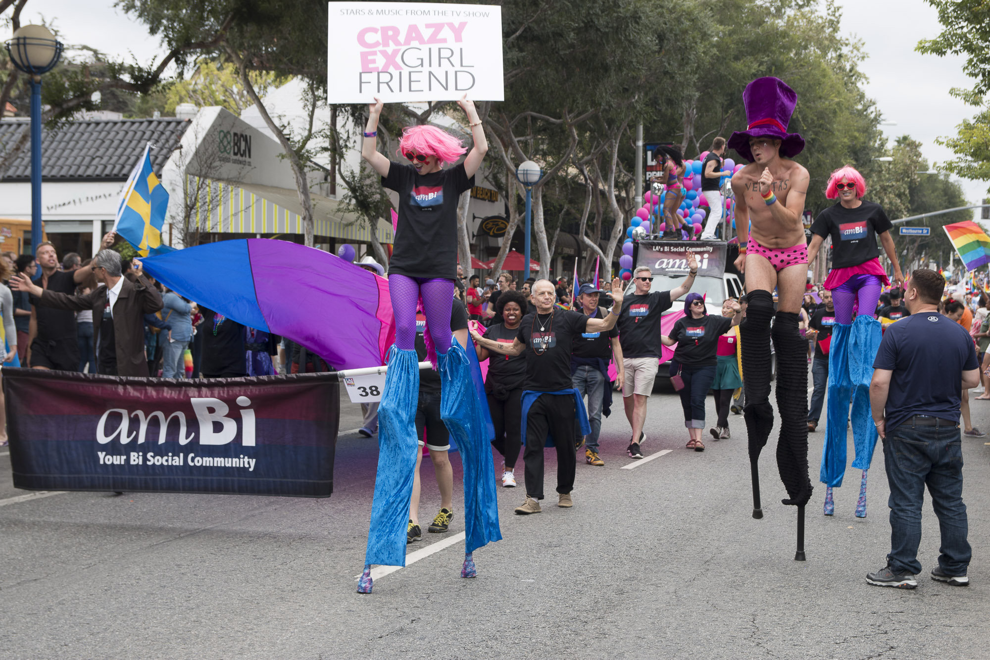 Performers from "Crazy Ex Girlfriend" share the street with Bi Social. (Photo by Derek Wear of Unikorn Photography)
