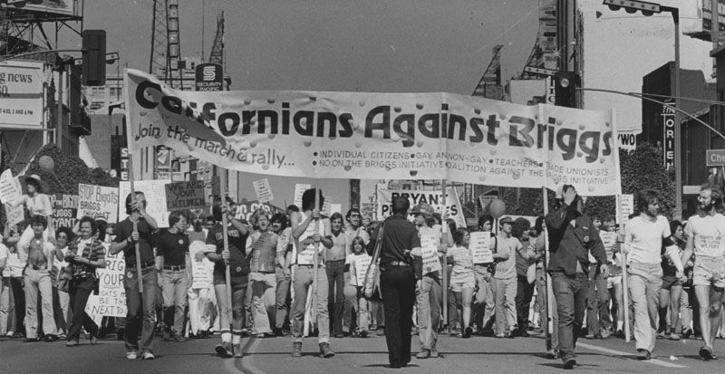 Members of the Los Angeles gay community march down Hollywood Boulevard on July 2, 1978 protesting a proposed ban on homosexual teachers. The Briggs Initiative, also known as California Proposition 6, was on the California state ballot on Nov. 7, 1978. Named for its sponsor, John Briggs, the initiative was designed to ban gays and lesbians from working in California's public schools. (Photo by Ken Papaleo, Los Angeles Herald Examiner Collection, courtesy of Los Angeles Public Library Photo Collection)