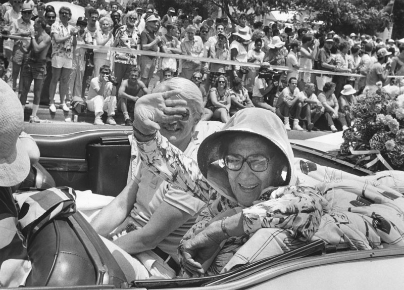 1986 Gay Pride grand marshal, psychologist Dr. Evelyn Hooker, at the start of the parade on Santa Monica Boulevard in West Hollywood on June 22, 1986. (Photo by Mike Sergieff, Los Angeles Herald Examiner Collection, Los Angeles Public Library Photo Collection)