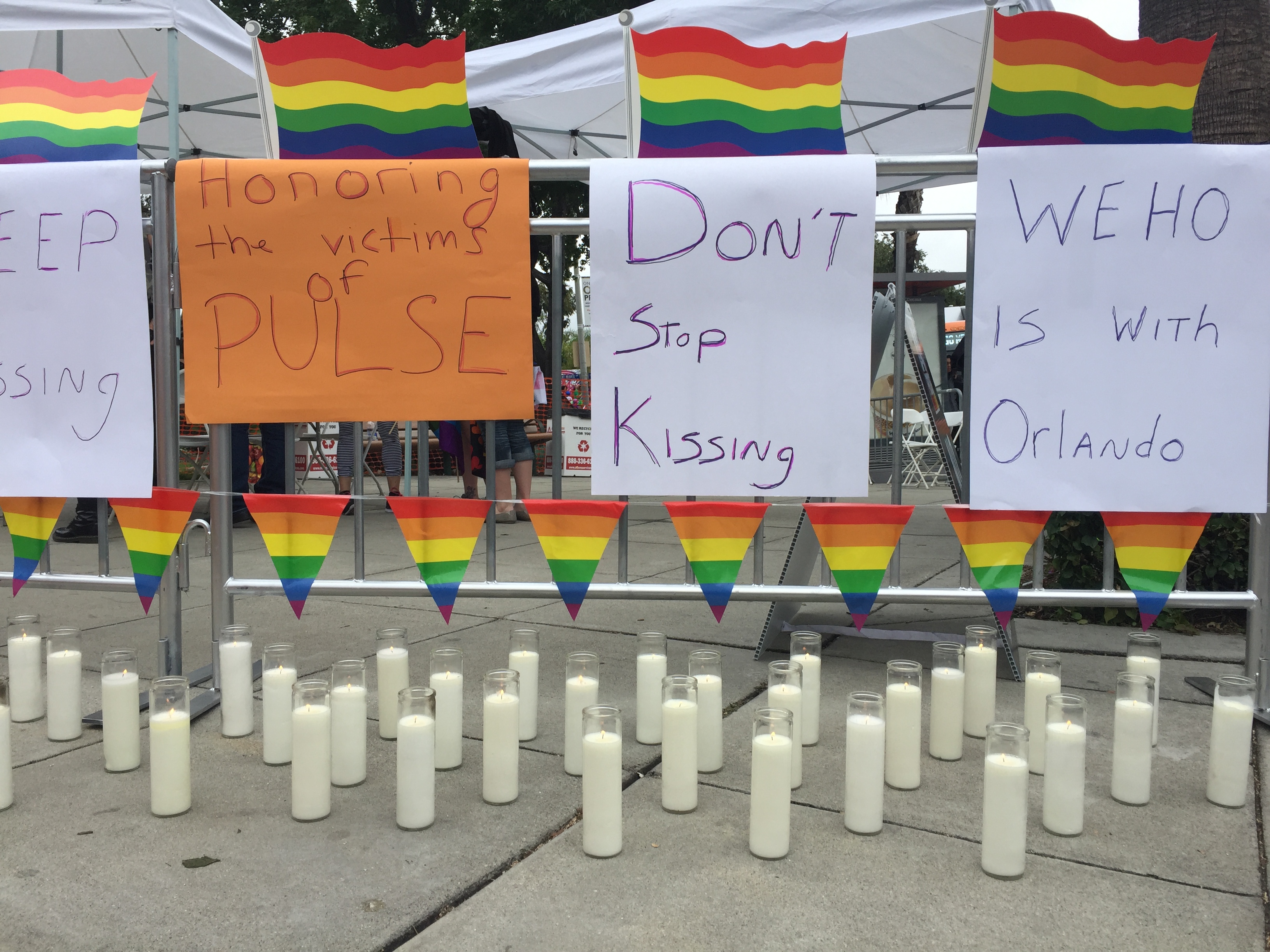 At memorial to the victims of the shooting at Pulse nightclub in Orlando created by Steven Reigns and Jackie Steele at Crescent Heights and Santa Monica Boulevard.