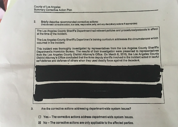 "Corrective action" redacted from plan by L.A. County Sheriff's Department