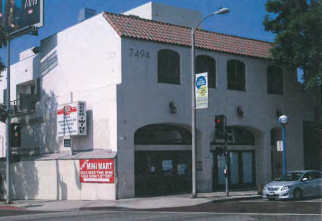 7494 Santa Monica Blvd. (formerly the location of Salt's Cure) is a two-story commercial building in the Spanish Colonial Revival style built in 1925 by Edward Hurlbert as a mixed-use commercial building. It is one of a small number of commercial buildings from the 1920s remaining on Santa Monica Boulevard that were constructed as a direct result of the streetcar line.