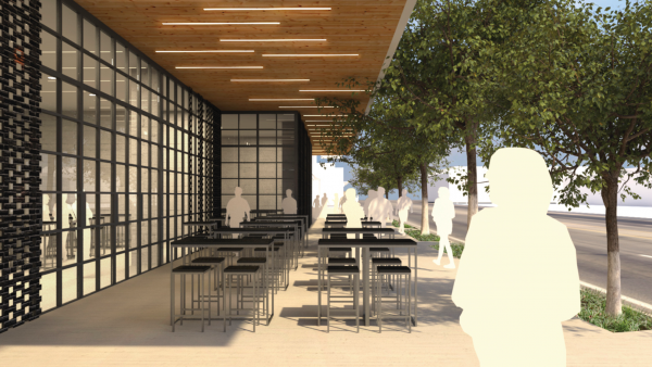 An illustration of an outdoor dining area proposed for the new project replacing the French Market Place on Santa Monica Boulevard.