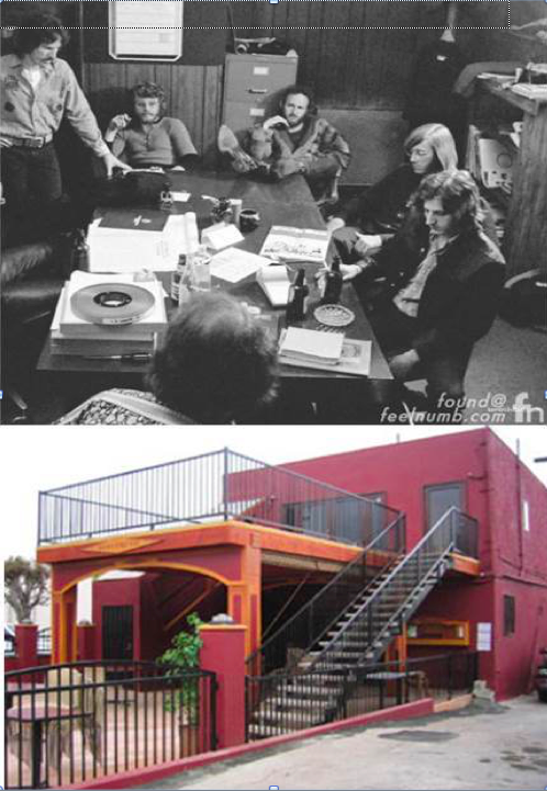 The Doors’ office was located in this building at 8512 Santa Monica Blvd. Jim Morrison laid down the vocal tracks for “L.A. Woman” in the men’s restroom in the basement . The top photo shows the group during a meeting in their conference room. Route 66 News includes their office and eight other locations on Santa Monica Boulevard in West Hollywood in its “Rock Landmarks Along Route 66” list.