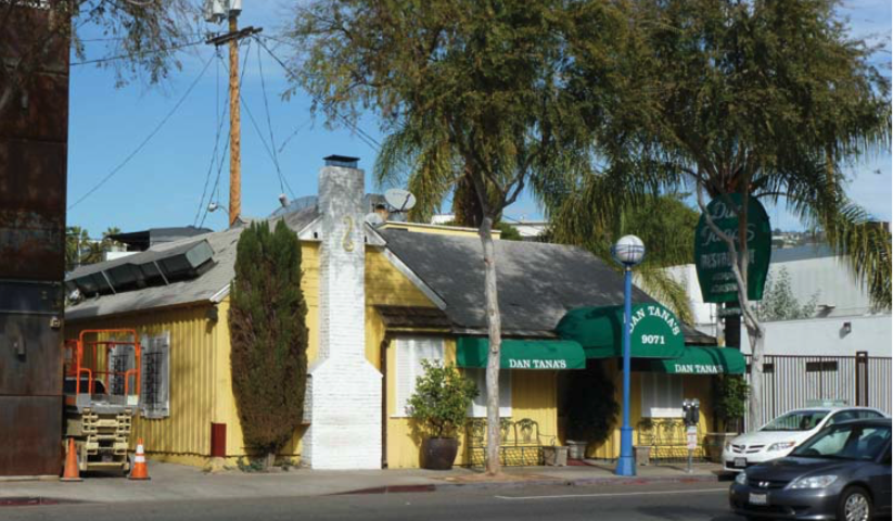 9071 Santa Monica Blvd. (Dan Tana's) is a one-story restaurant/lounge/tavern in the Colonial Revival style built in 1929 as a single-family home. 