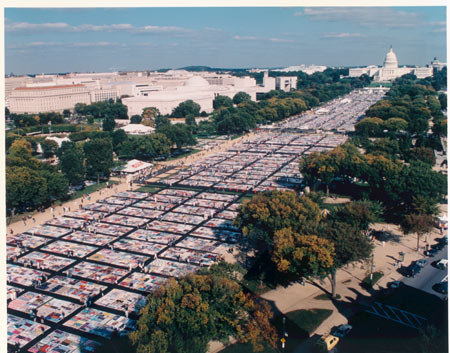 The AIDS Quilt on display on the national mall in front of the U.S. Capitol.