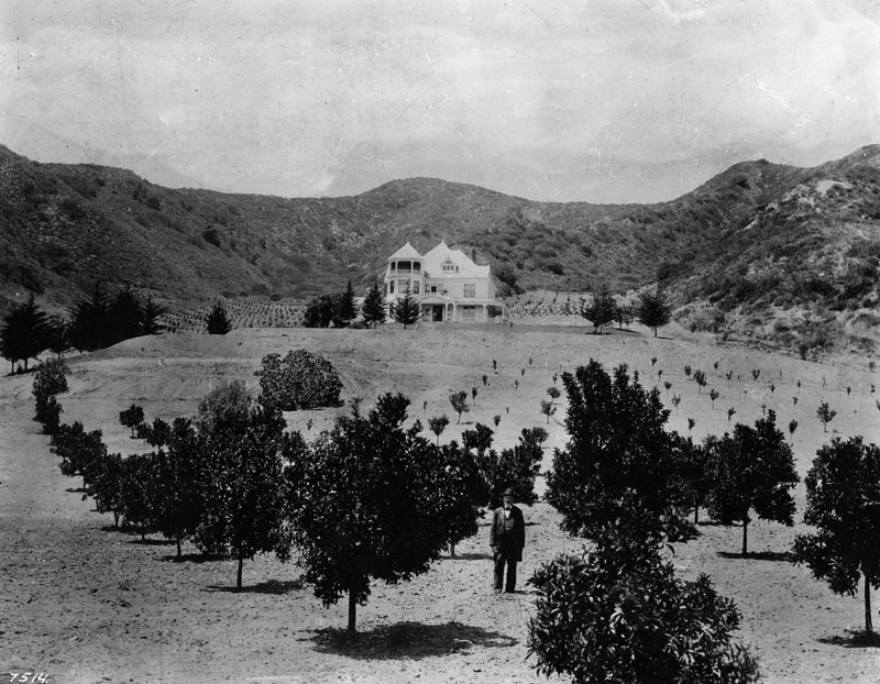 Harper Ranch, shown in this 1895 photo, was one of the earliest farming estates in the Sherman community. The man in the foreground is believed to be Charles F. Harper, a former Confederate army soldier who who moved his family to Los Angeles following the Civil War. (Photographer: Charles C. Pierce, courtesy of California Historical Society, C.C. Pierce Photography Collection)